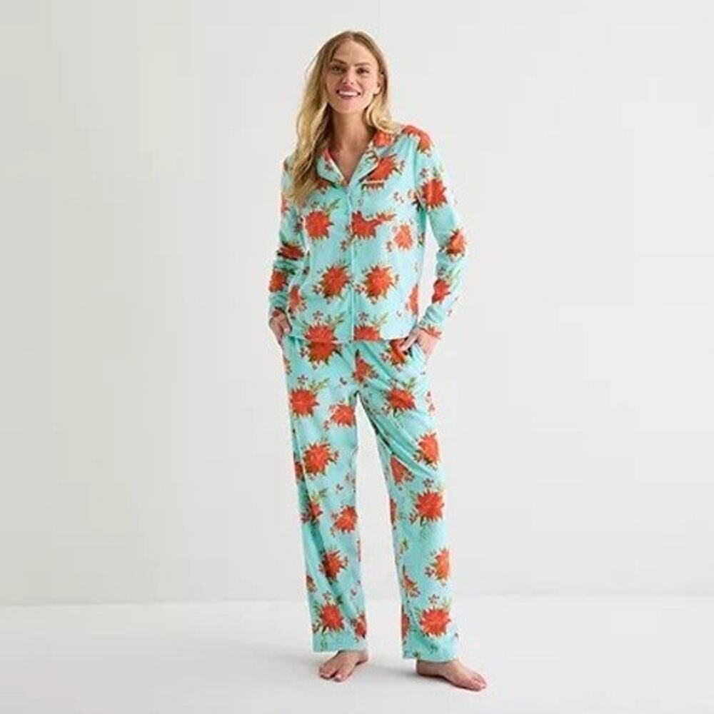 Adonna Women XXL Pajamas Fleece Blue Red Floral Long Sleeves Flannel 2-pc Set